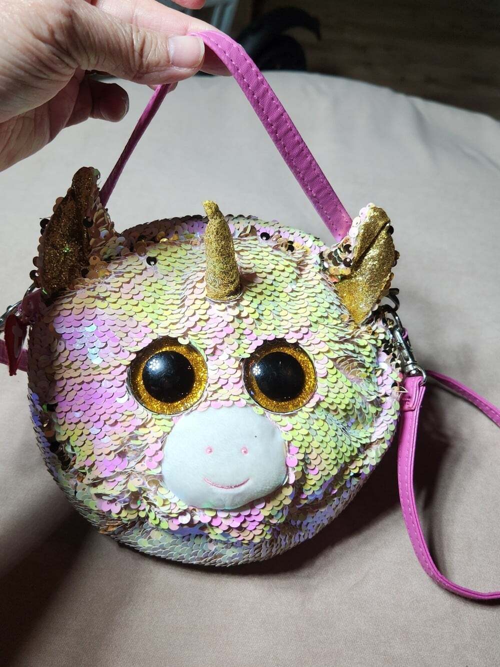 Ty Fantasia Flippable Sequin Unicorn Crossbody Bag Iridescent Pink and Gold - Picture 10 of 12